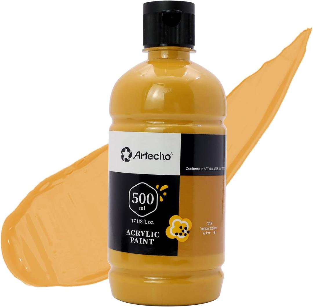 Artecho Yellow Ochre Acrylic Paint - Large Bottle 500ml / 17oz, Craft Paint for Canvas, Rocks, Wood, Fabric, Ceramic, Non-Toxic