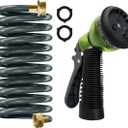 Coil Hose 10FT EVA Coil Garden Hose With 3/4'' Brass Connector Coiled Water Hose Lightweight And No Kink Includes 7 Patterns Spray Nozzle For Outdoors Lawn Watering Car Washing (Gray)
