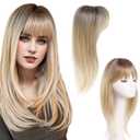 CROWN GUIDE Hair Toppers for Women with Thinning Hair Pieces 18 Inch, 3603D Cover Fluffy Wispy Bangs Hair Clip Long Layered Synthetic Wig Topper with Bangs for Dialy Wear (Ombre Light Brown Blonde)