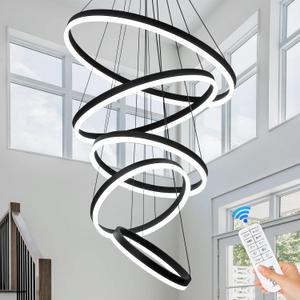 5-Rings Modern LED Chandelier Black Dimmable High Ceiling Chandelier for Dining Room with Remote Control for Foyer Living Room Entryway Staircase(D23.6, 3000K-6500K) (Medium)