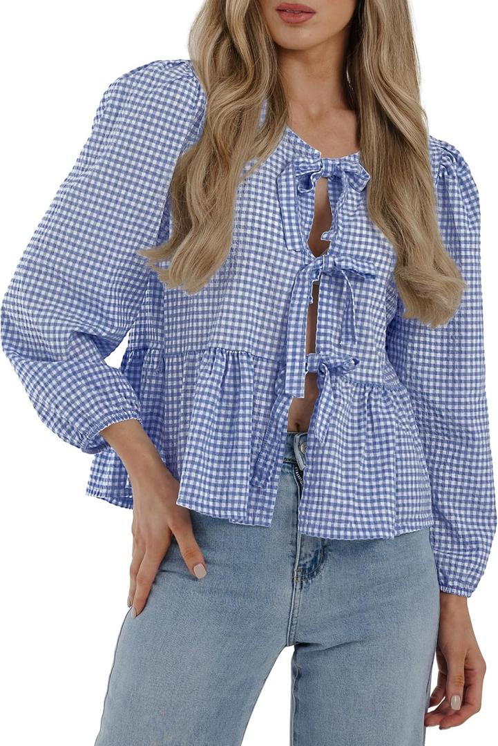PRETTYGARDEN Women's Spring Fall Babydoll Peplum Blouse Shirt Puff Long Sleeve Bow Tie Front Trendy Cute Y2K Going Out Tops (Blue)