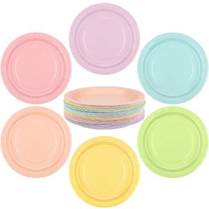 72 Pieces Pastel Rainbow Paper Plates 7 Inch Bulk Plates Disposable Round Dessert Plate Heavy Duty Solid Color Paper Plate Table Decors Party Supply for Birthday, Dinner, Wedding