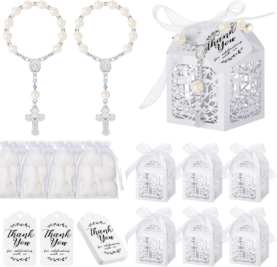 100 Pieces Baptism Favors Set Includes 25 Pieces Mini Rosary, Laser Cut Baptism Favor Boxes, White Organza Bags and 25 Pcs Thank You Tags for Bautizo Recuerdos Christening Wedding Party Supplies (Silver)