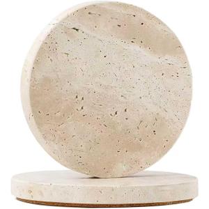 Travertine Stone Coasters Set of 2, 4" Natural Stone Desk Coasters for Drinks with 3mm Wooden Cork Backing, Durable Non-Slip Cup Mats, Table Protection for Coffee, Kitchen, Bar, Wedding