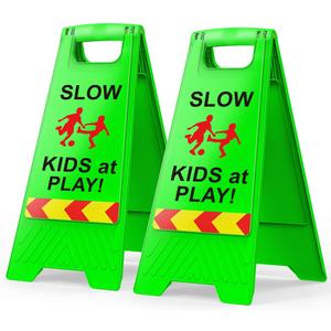 2 Pack Kids at Play Signs with Reflective Tape, Children at Play Safety Signs Double-Sided Text and Graphics Easier to Identify, Kids at Play Safety for Street Neighborhoods Commuity(Green)
