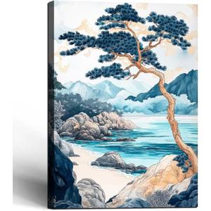 Framed Japanese Pine Trees Landscape Picture Coast Mountains Wall Art Decor Canvas Print Nature Print Artwork Poster Gallery Bedroom Living Room Office 16x24 Inch Ready to Hang