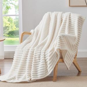 BEDELITE Fleece Throw Blanket for Couch - 300GSM Soft & Warm Fluffy Cream Blanket, Decorative and Giftable Striped Blankets for Women, Men, 50"x70", Throw XL