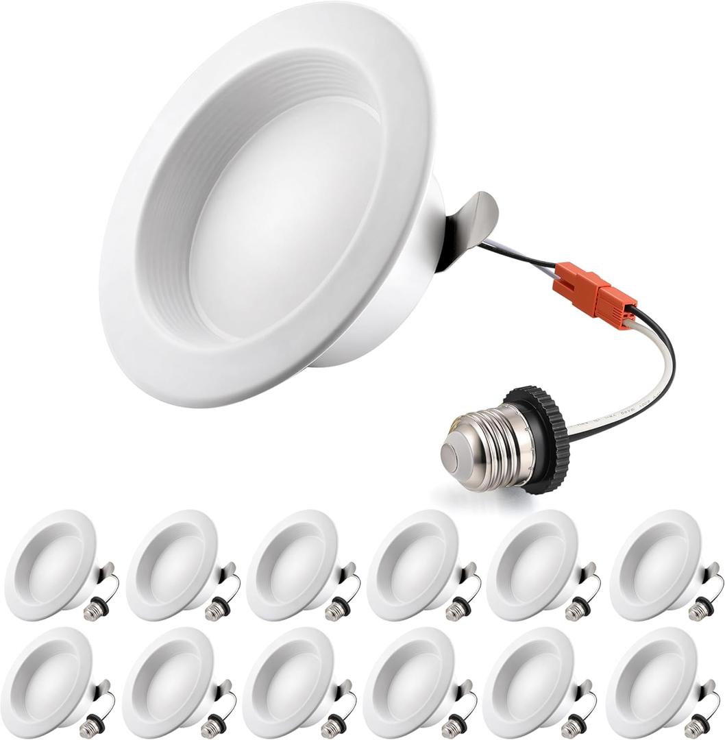 Premium Metal 4 Inch LED Recessed Lights - Retrofit Baffle Can Lighting, 800LM 9W 5CCT Selectable (2700K-6000K), Dimmable Replacement Light, E26 Base LED Downlight, 4inch 12 Pack White