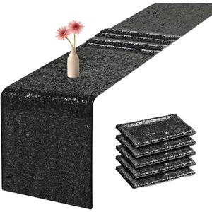 Sequin Table Runners 72 Inches Long Black Glitter Table Runner for Party, Wedding, Bridal Baby 6 Pcs, Black