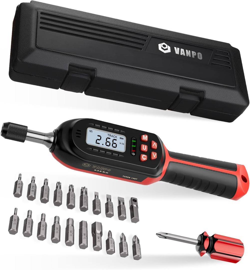 VANPO Torque Screwdriver Digital 2.66-53.1 in-lbs/0.3-6 Nm, Adjustable Screwdriver Torque Wrench Set with Buzzer/LED Indicator Notification for Bike Repairing, Tools, Maintenance and Mounting