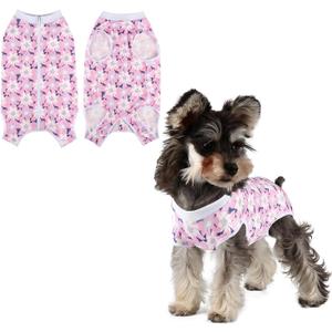 Dog Surgery Recovery Suit Puppy Surgical Clothes Abdominal Wounds Anti-Licking Dog Bodysuit Onesie Substitute E-Collar& Cone Pink Flower S