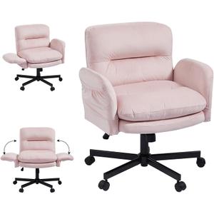 Bestier Criss Cross Chair with Flip-Up Armrests, Swivel Makeup Vanity Chair with Wheels & Side Pockets, Cross Legged Office Chair for Home Office, Bedroom, Pink Velvet