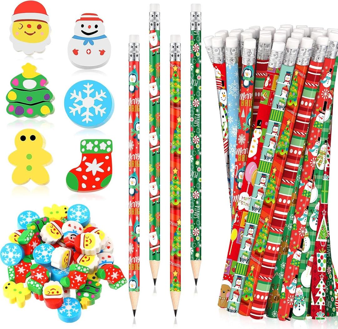 Crtiin 72 Pcs Christmas Pencils and Mini Erasers Bulk, Christmas Cute Fun Novelty Pencil and Erasers, Gingerbread Man Santa Snowman Cartoon Xmas Party Gifts Prizes Favor