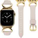 Minyee Leather Bands Compatible with Apple Watch Band 41mm 40mm 38mm 42mm 44mm 45mm 46mm 49mm Women, Slim Thin Dressy Strap with C-Shape Metal Buckle for iWatch Series 10 9 Ultra SE 8 7 6 5 4 3 2 1 (Starlight/Gold)