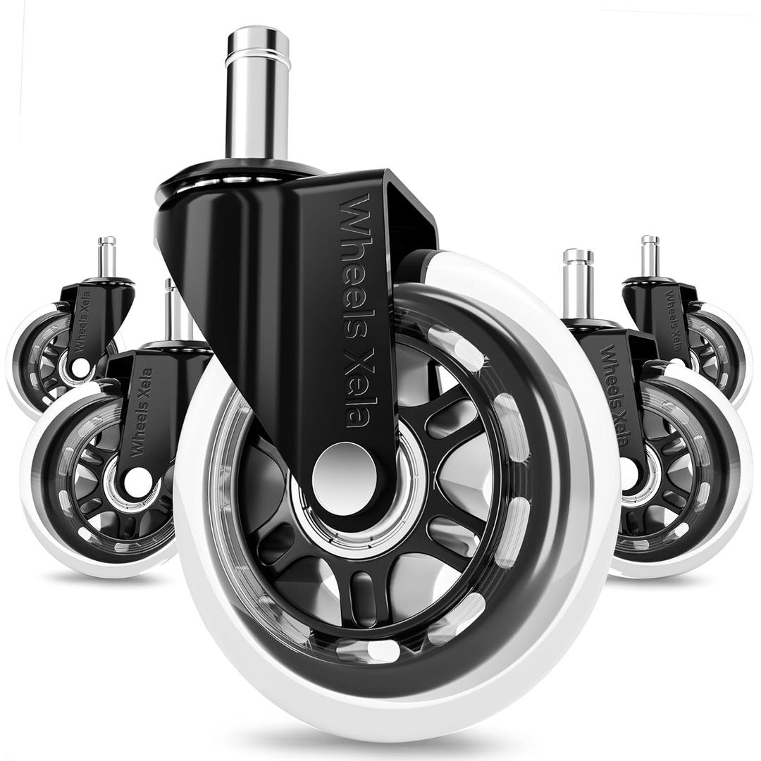 Office Chair Wheels, Set of 5, 11x22mm Stem Size That Fits 98% Chairs, Rubber Rollerblade Casters for Desk & Gaming Chair are Easy to Install & Suitable for All Floor Types (Clear, Not for IKEA)