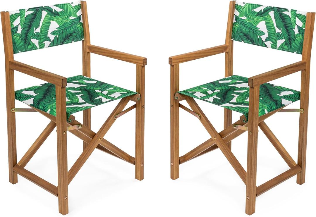 JONATHAN Y Cukor Coastal Acacia Wood Folding Outdoor Director Chair Set of 2 for Patio, Deck & Balcony, Weather-Resistant Teak Brown and Green/White, No Assembly Required DRC1001A-SET2