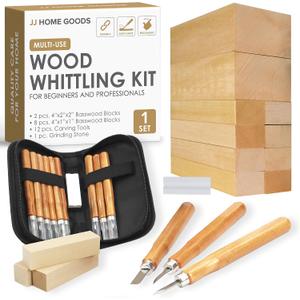 JJ CARE Wood Carving Kit, 24pcs Wood Whittling Kit with 12 SK2 Steel Carving Knives, 10 Basswood Blocks, 1 Grinding Stone & Storage Case, Gift Set for Beginners & Adults
