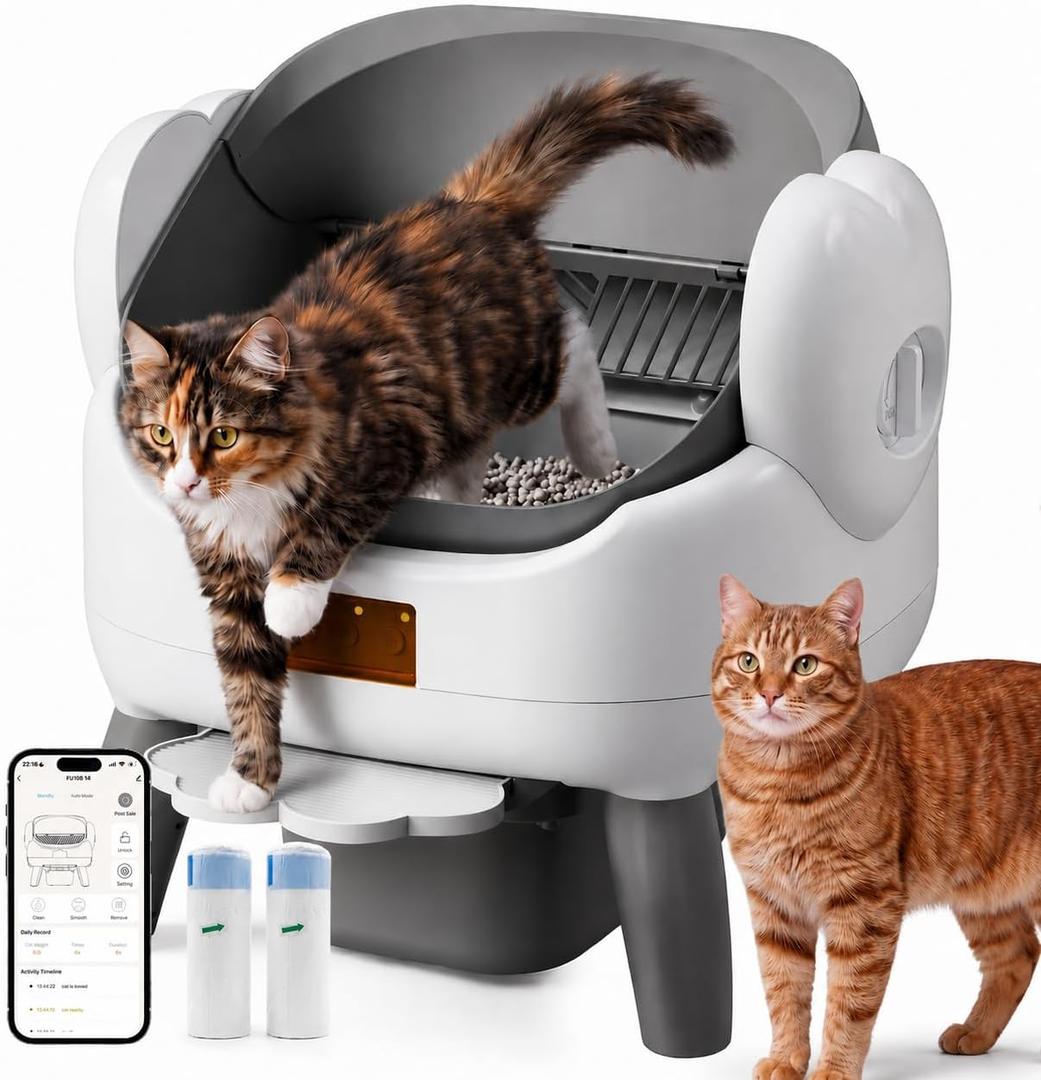 Automatic Litter Box Self Cleaning, Automatic Cat Litter Box for Multiple Cats with App Control, Open Top Self Cleaning Litter Box - Safety Protection, Easy Setup, Gray