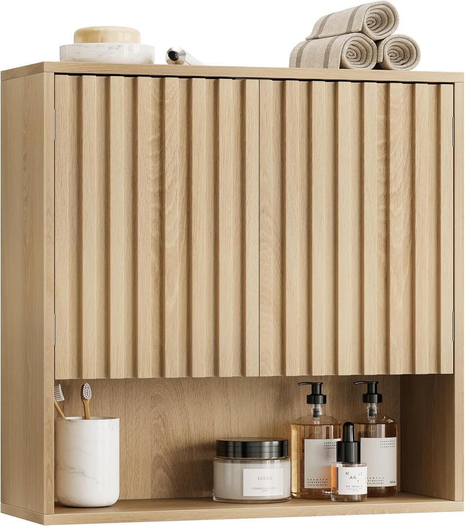 Smart FENDEE Bathroom Wall Storage Cabinet with Fluted Doors, Medicine Cabinet with Adjustable Shelf, Over The Toilet Storage Cabinet for Laundry Room & Kitchen & Living Room, Natural Oak