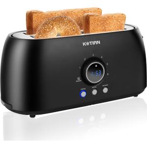 Toaster 4 Slice,KOTIAN Retro Long Slot Toasters with Countdown Timer,Stainless Steel Toaster,Bagel,Defrost,Reheat,Cancel Functions,Extra Wide Slots,6 Toast Settings,Removable Crumbs Tray,Matte black
