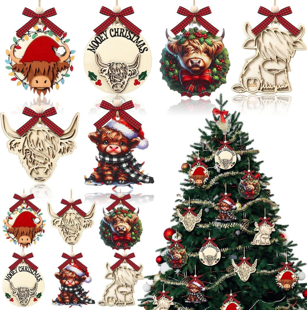 12 Pcs Christmas Highland Cow Ornaments Christmas 3D Highland Cow Wooden Xmas Tree Decorations Hanging Wood Funny Farm Animal Ornaments Gifts for Farmhouse Home Xmas Holiday Crafts Party Supplies