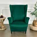 MIFXIN Wing Chair Slipcover 2 Piece Set Velvet Stretch Wingback Chair Cover with Cushion Cover Soft Washable Armchair Furniture Protector for Living Room Bedroom (Deep Green)