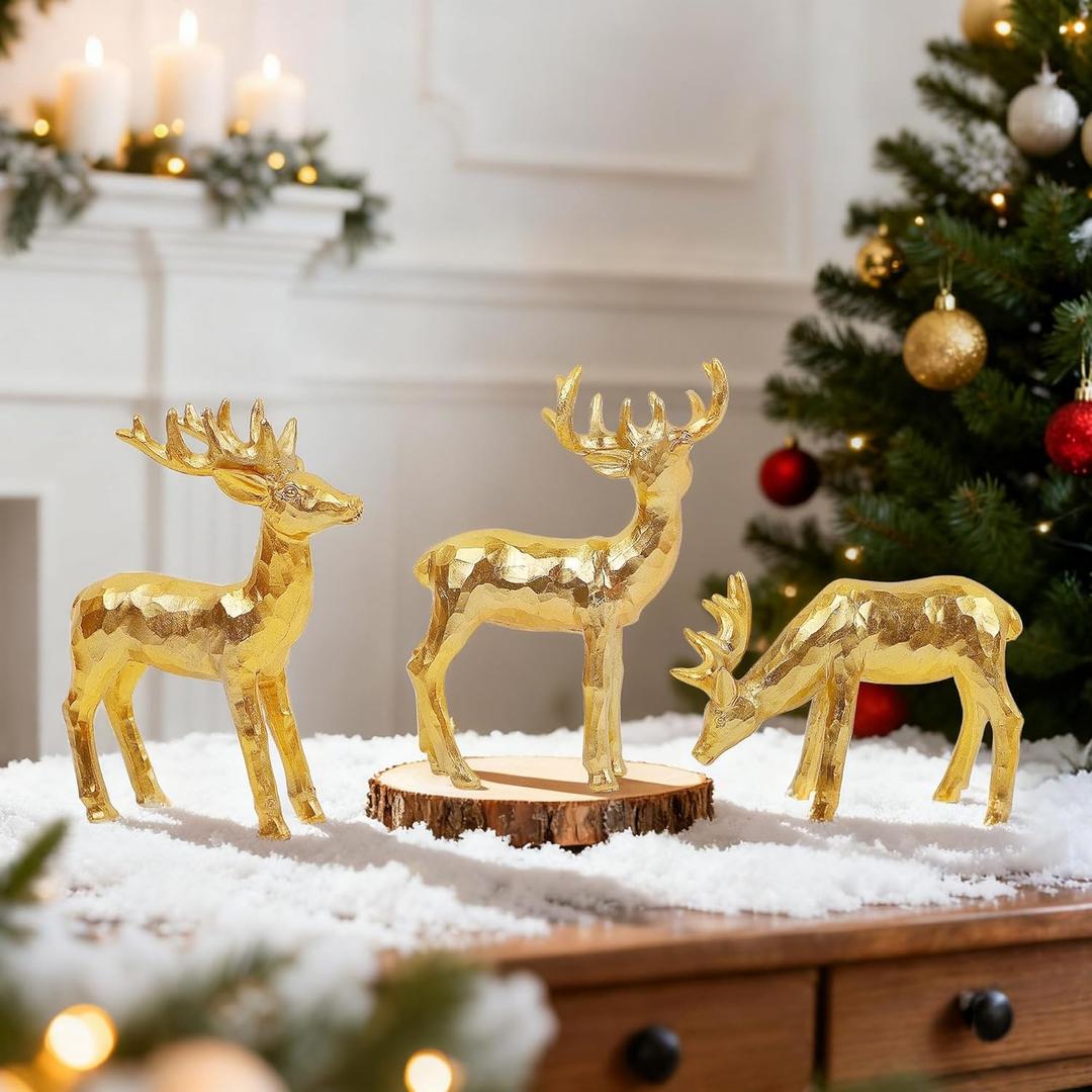 Lulu Home 3 PCS Christmas Tabletop Decorations, Resin Golden Reindeer Family Figurines with Diverse Postures, Xmas Holiday Winter Centerpieces Ornaments for Mantel Shelf Sill Decor(Peer)