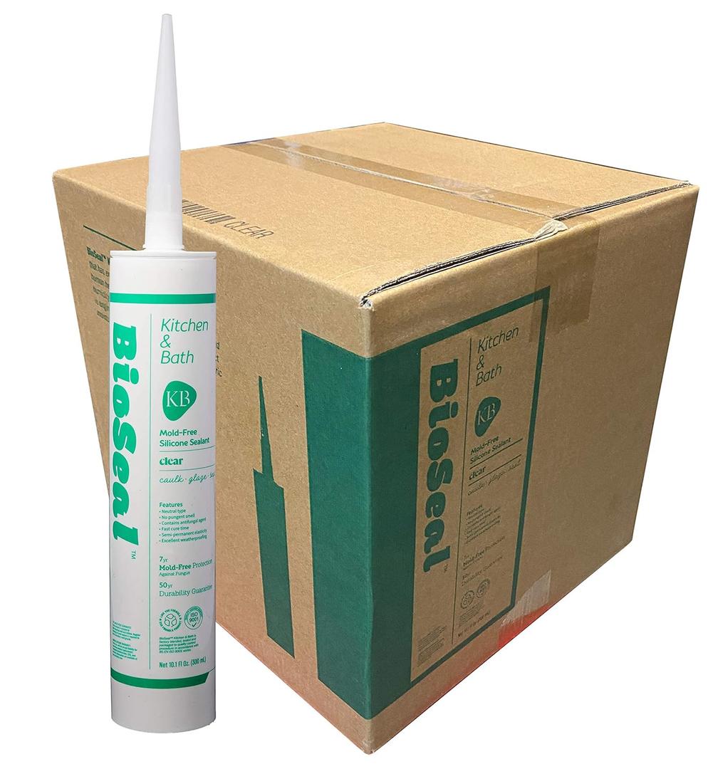 Clear BioSeal 100% Silicone Sealant Caulk Kitchen and Bath Grade, Waterproof and No Odor No Color Change 10.1 Ounce Cartridge, 25 Clear Tubes Box