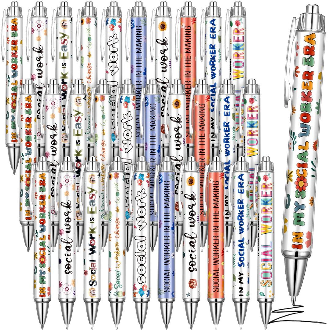 Motipuns 50 Pcs Social Worker Appreciation Gifts Bulk Cute Social Work Month Gifts Pens Holiday Party Favors Retractable Black Ink Pen for Women Writing Stationery School Office Holiday Supplies