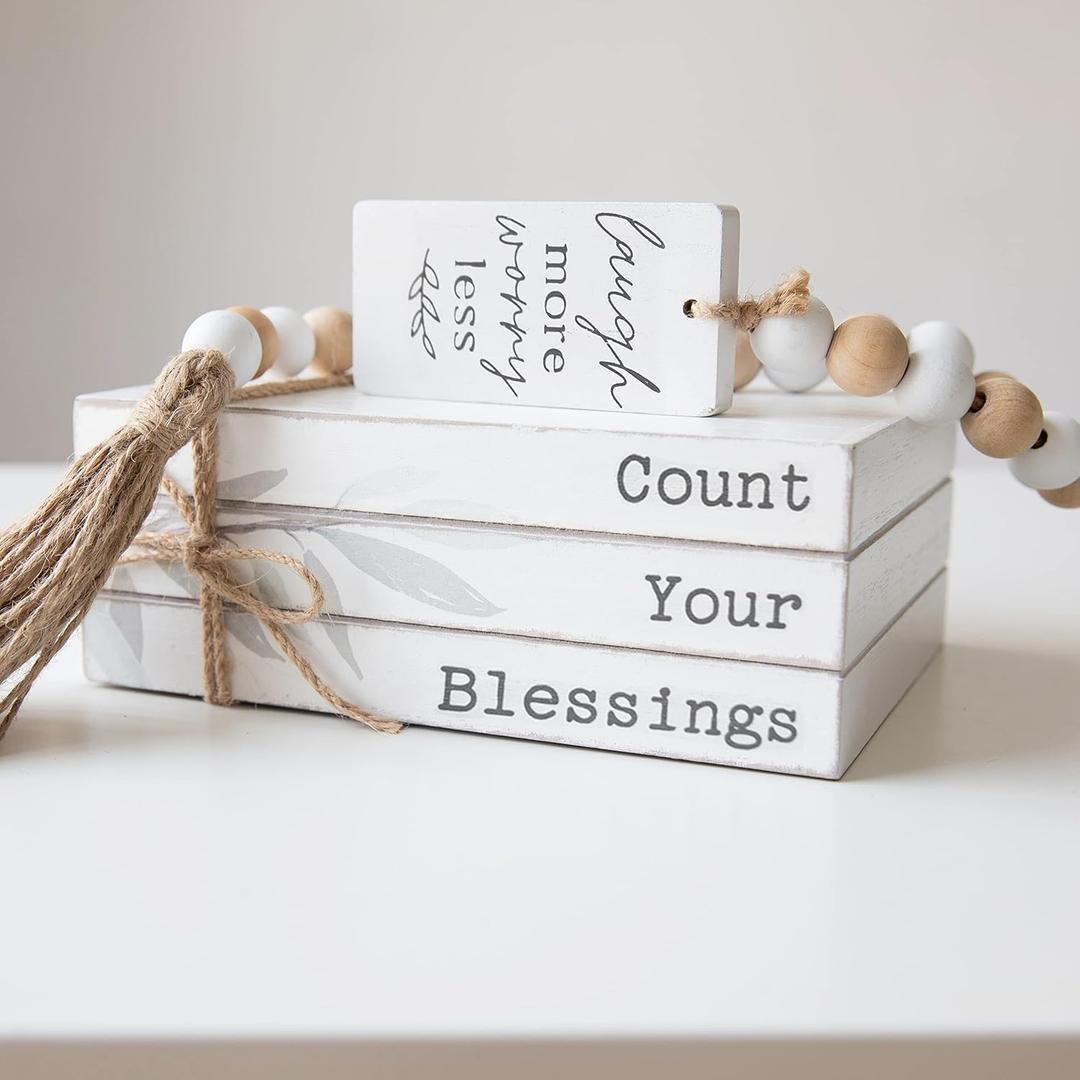 GENMOUS Faux Decorative Books Set for Home Decor, Stacked Wood Faux Books with Wood Bead for Living Room Decor, White Decorative Books for Shelf Decor, Mantel Decor, Farmhouse Decor Bless