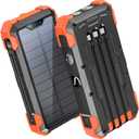 GOODaaa Portable Charger 42800mAh Built in 4 Cables and Thermometer 15W Fast Charging Power Bank Five Outputs Three Inputs Solar Charger Power Bank, SOS/Strobe/Strong Flashlights, Carabiner