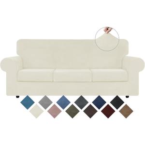 WEERRW 4 Pieces Velvet High Stretch Couch Covers for 3 Cushion Couch Sofa Slipcovers, Washable Furniture Protector with Non Slip Elastic Bottom, Feature Soft and Thick Plush Fabric, Ivory, Large
