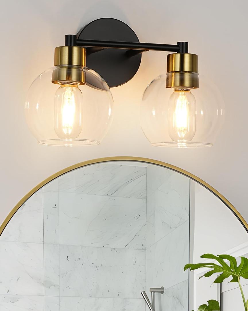 WILON 2-Light Bathroom Vanity Light Fixture Over Mirror, Black and Gold Sconces with Clear Globe Glass Shades, E26 Base Wall Lamp for Living Room Bedroom Stairway