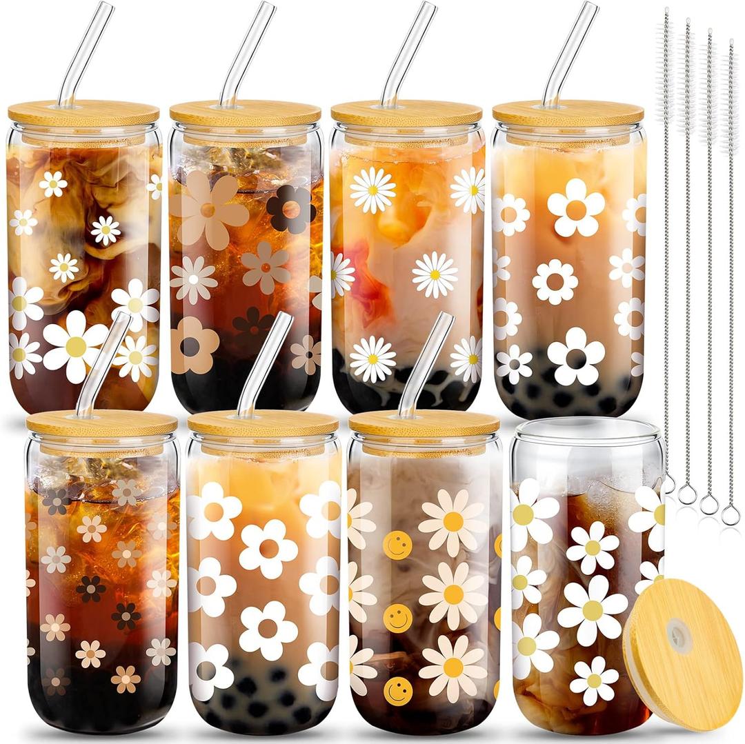 meekoo 8 Pcs Christmas Glass Cups with Bamboo Lids and Straws 16 oz Beer Can Shaped Iced Coffee Drinking Cup Employee Appreciation Gift for Wine Tea Water, 4 Cleaning Brushes(Daisy)