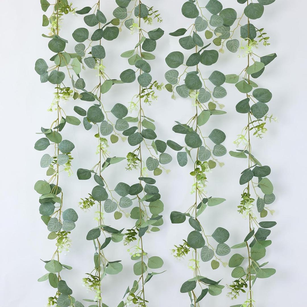 4  Packs 340" Artificial Vines Eucalyptus Garland Fake Vine with Silk Leaves Green Garland Faux Hanging Plants Greenery Decoration for Room Table Centerpieces Wedding Decor (Eucalyptus)