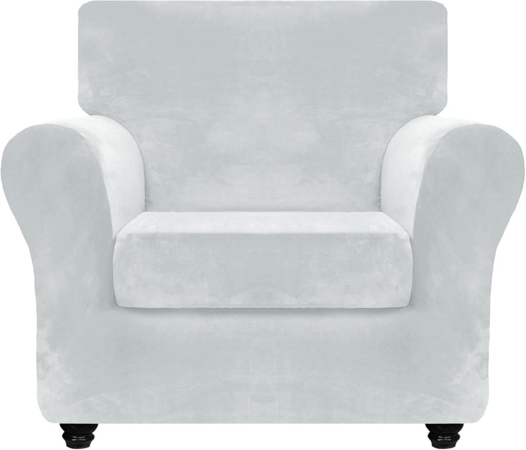 ZNSAYOTX Luxury Velvet Chair Slipcovers with Arm 2 Piece Stretch Chair Covers for Living Room Thick Soft Armchair Slipcover Anti Slip Pet Friendly Furniture Protector (Silver Grey),30"-47"(1 Cushion)