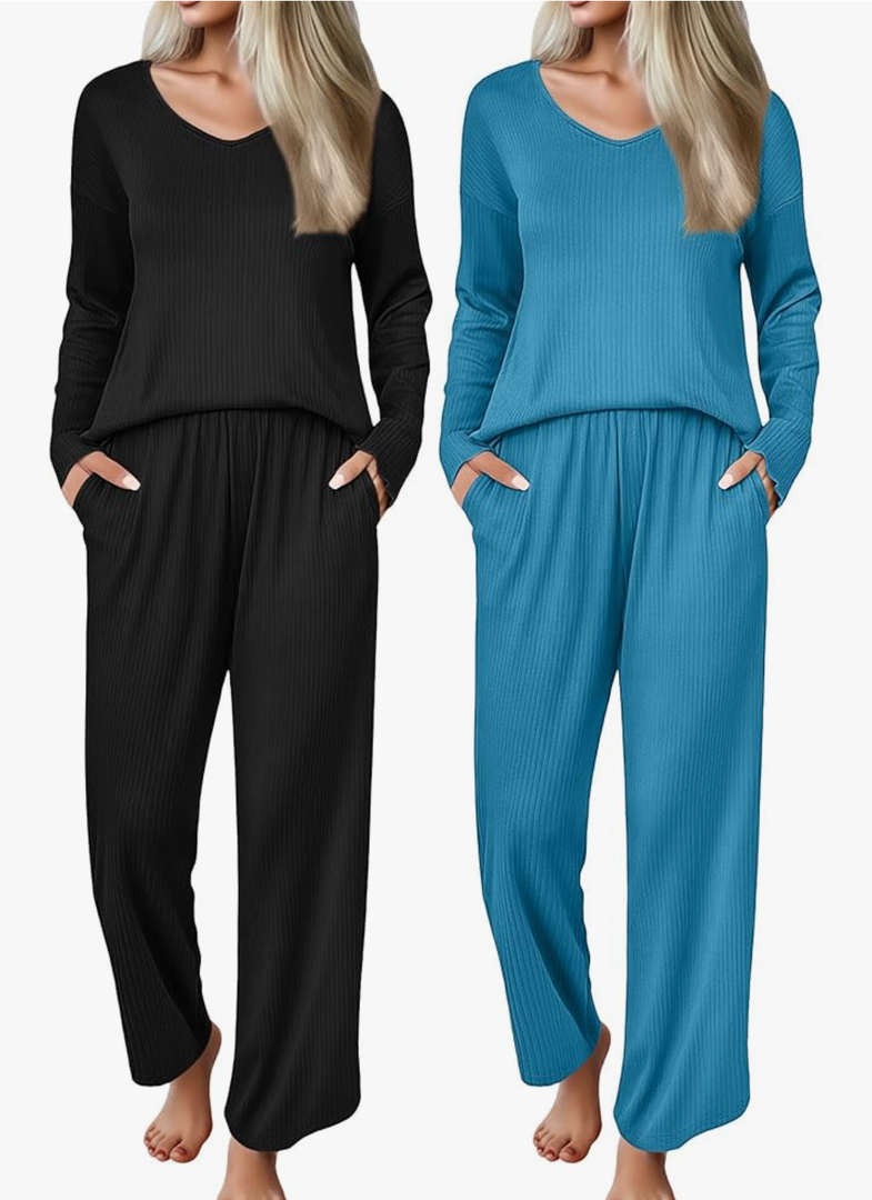 Ekouaer 2 Pack：Womens Ribbed Knit Pajama Set with Pockets Long Sleeve PJs V Neck Soft Loungewear Loose Matching Outfits Set Black and Lake Blue S