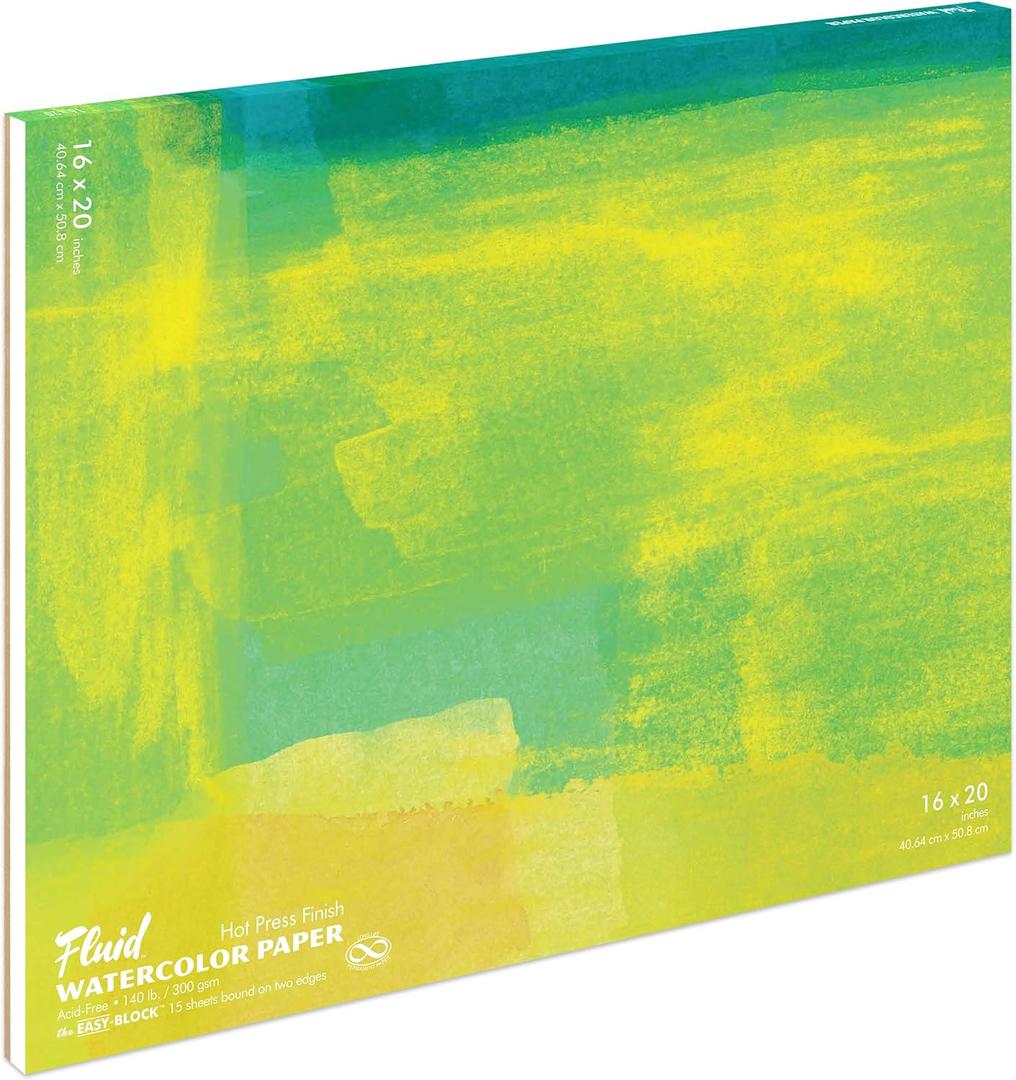 Fluid Watercolor Paper Block, 16 x 20 inches, 15 Sheets, 140 lb (300 GSM) Hot Press Pad for Artist Painting and Wet Media (White)