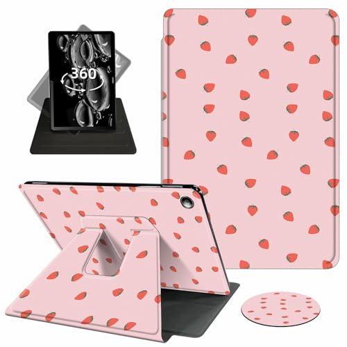 ACWDMKH Case for Kindle Fire 7 Tablet Case 7 Inch (9th/7th/5th Generation,2019/2017/2015 Release),360 Degree Rotating Swivel PU Leather Stand Folio Cover with Auto Wake/Sleep,Pink Strawberry