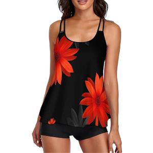 Urchics 2026 Women Two Piece Tankini Swimsuit Tummy Control Plus Size Long Torso Top and High Waisted Boyshorts Bathing Suits (XX-Large, Black Orange Sunflower)