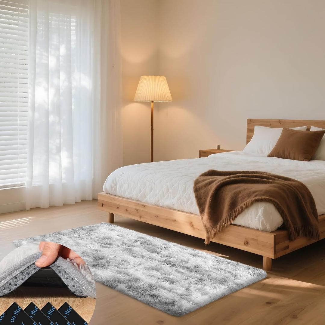 3x5 Tie-Dyed Grey Rugs for Bedroom Living Room, Fluffy Small Area Rug Soft Shag Carpet for Kids Boys and Girls Room with 4 Rugs Non-Slip Stickers Dorm Home Decor (3ft x 5ft)