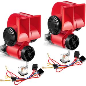 Tallew 2 Pack 12v 150db Loud Train Horn for Car Electric Air Horn for Truck 150 Db with Relay Harness for Vehicles Motorcycle Boat Truck Car Cart Boat(Red)