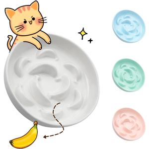 Ceramic Cat Slow Feeder Bowl - Pastel Series Cat Plate for Dry and Wet Food - Cute Maze Feeder Dish for Healthy Eating - Dishwasher Safe - 6.3''W x 1.2''H - 7 OZ - Ivory White