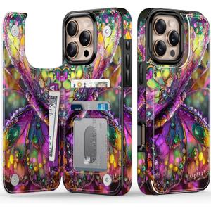 FUNMIKO for iPhone 16 Pro Wallet Case with Card Holder, RFID-Blocking, Military-Grade Protection & UV-Printed Artwork, Magnetic Closure with Leather Kickstand - Vibrant Elegant Butterfly