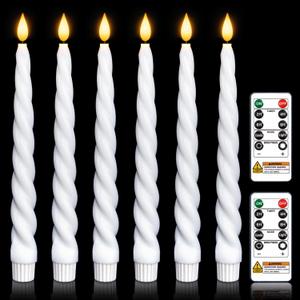 Flickering Flameless Taper Candles with Timer, Real Wax White Twisted Taper Candles Battery Operated, 9.6 Inch Led Candlesticks with Remote Control for Christmas, Wedding, Home Decor