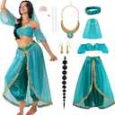 Women Arabian Princess Fairy Costume Set Adult Halloween Dress with Accessories (Small, Blue)
