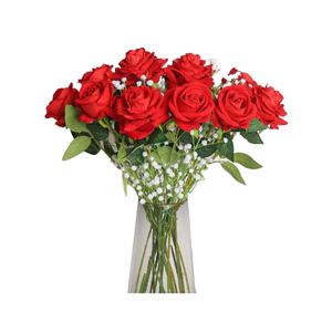 Red Artificial Flowers 15 Pcs Roses Fake Bouquet for Home Decoration