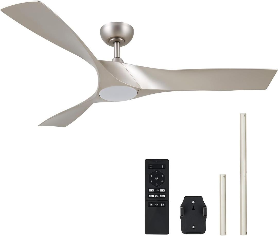VONLUCE Ceiling Fans with Lights, 52" Mid Century Ceiling Fan and Remote, Stepless Dimming, 6 Speeds Noiseless DC Motor, 3 ABS Blades, Indoor Ceiling Fan for Kitchen Bedroom Living Room, Nickel