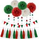Red White Green Christmas Decorations - 23pcs Tissue Paper Flowers Pom Poms Tassel Garland Banner 3D Christmas Tree Paper Streamers Birthday Party Decorations For Home Indoor Outdoor Hanging Decor