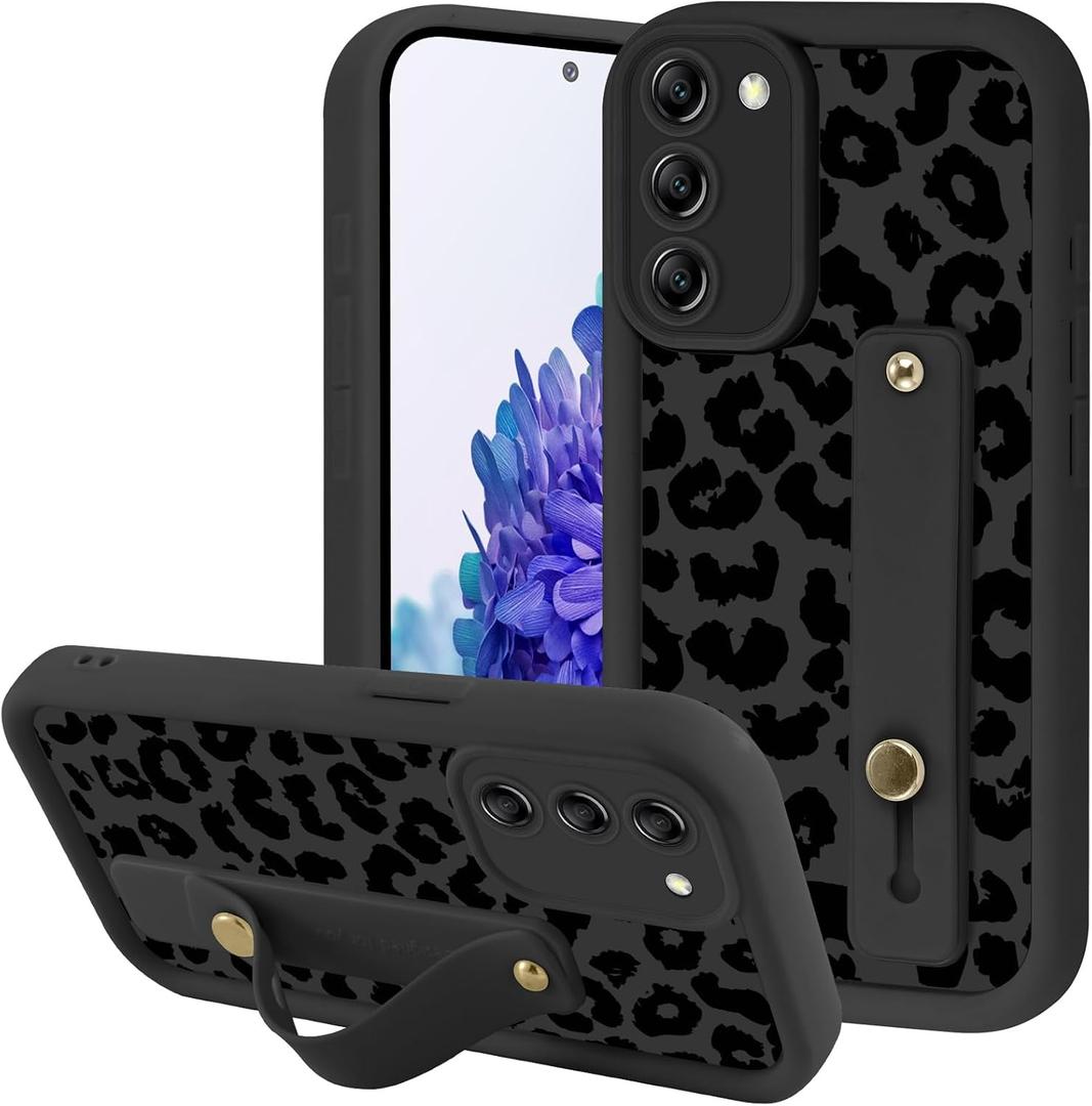 Aesthetic Black Leopard Phone Case for Samsung Galaxy S20 FE 5G with Flexible Adjustable Finger Hand Wrist Strap Holder Kickstand Silicone Shockproof Protection for Samsung S20 FE 6.5 Inch